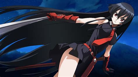 Anime Night Weapon Dress Tie Belt Katana Red Eyes Black Hair