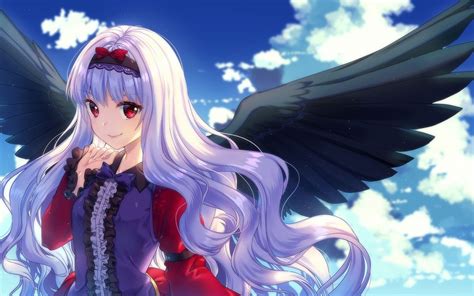 Download 1440x900 Anime Angel Girl Black Wings Smiling Red Eyes