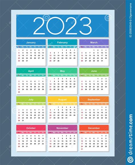 Colorful Calendar For 2023 Year Week Starts On Sunday Stock Vector