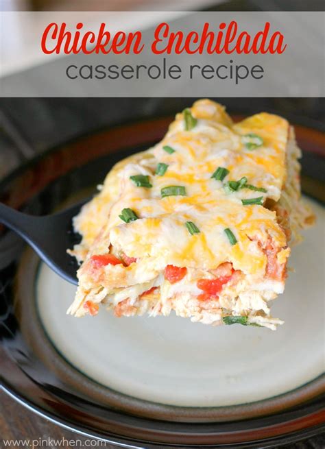 Only takes 5 ingredients to make, 15 minutes to prep and 30 everything is layered together in a casserole dish to make an easy and delicious weeknight meal. Chicken Enchilada Casserole Recipe | PinkWhen