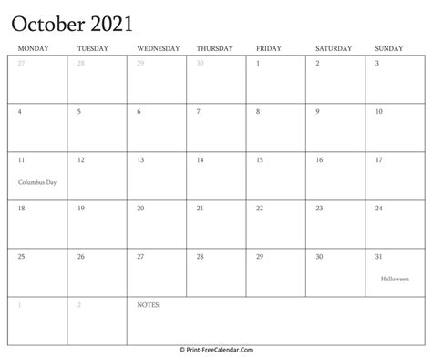 Printable October Calendar 2021 With Holidays