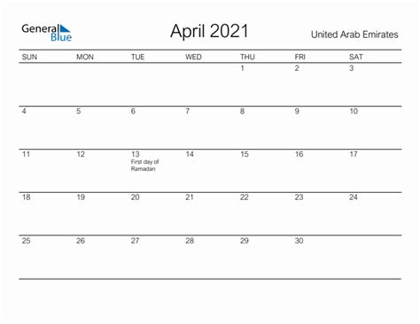Printable April 2021 Monthly Calendar With Holidays For United Arab