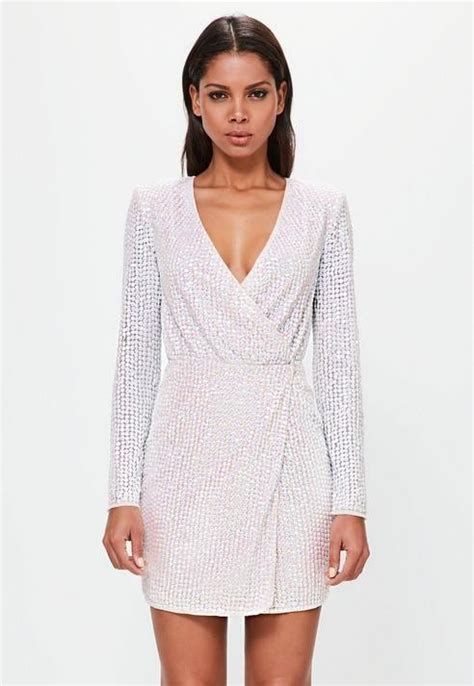 Missguided Silver Pearlescent Wrap Plunge Mini Dress Selena Gomez And