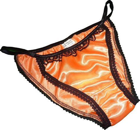 shiny satin and lace mini tanga string bikini panties orange with black
