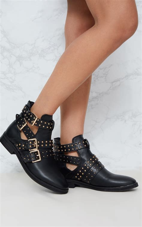 Black Studded Buckle Ankle Boots Prettylittlething Usa