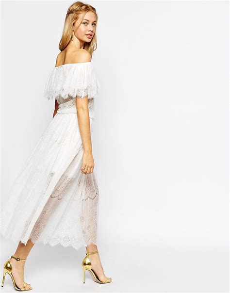 Darccy Vintage Boho Lace Off Shoulder Maxi Dress At White