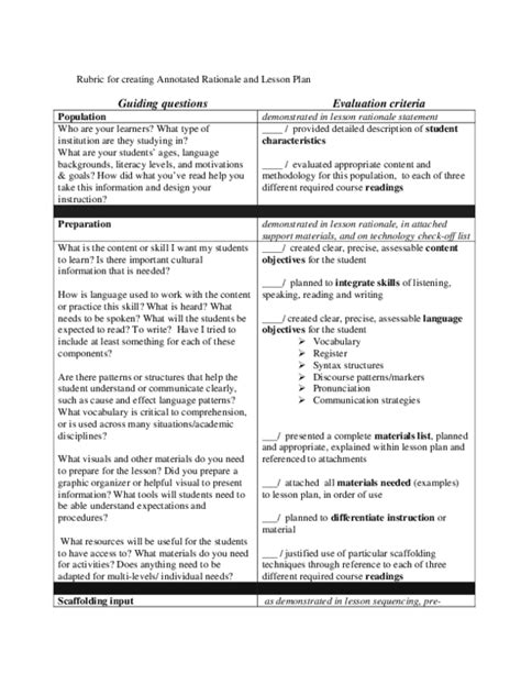 Pdf Rubric For Creating Annotated Rationale And Lesson Plan Guiding