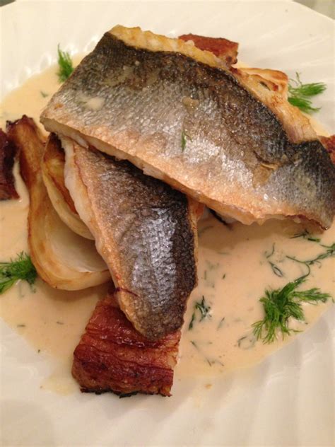 Surf N Turf Pan Fried Sea Bass With Pork Belly Fennel And Veloute Food Goblin