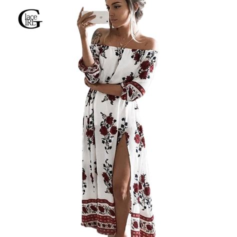 Lace Girl Boho Long Dress Summer Off Shoulder Women Dress 2018 New Floral Printed Dresses Slash