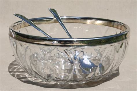6 Pc Vintage Clear Glass Silver Rimmed Salad Serving Bowl Set Square