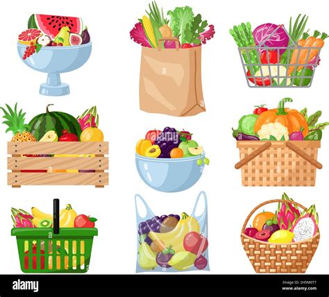 Frutas Y Verduras De Dibujos Animados En Cesta Bolsa De Compras Tazón