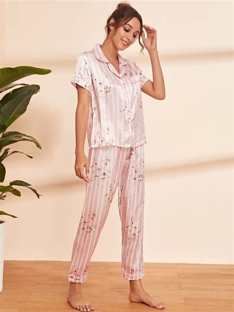 Striped Floral Print Satin Pajama Set Shein Usa Satin Pyjama Set Pajama Set Satin Pajamas