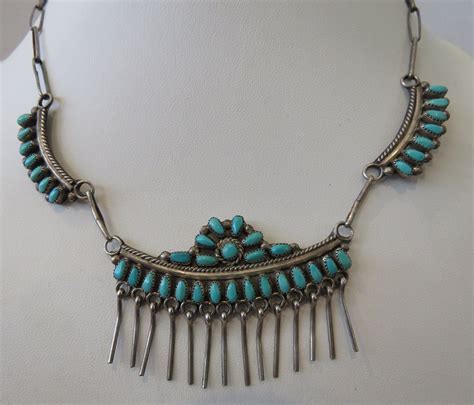 Turquoise Necklace Zuni Needlepoint Silver Fringe Penketewa Etsy Hong