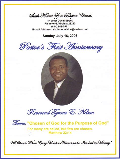 First Anniversary Bulletin Cover 2006 Sixth Mount Zion Baptist