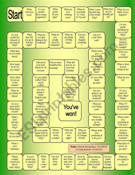 Board Game With 65 Questions For Speaking Practice It´s Based On The