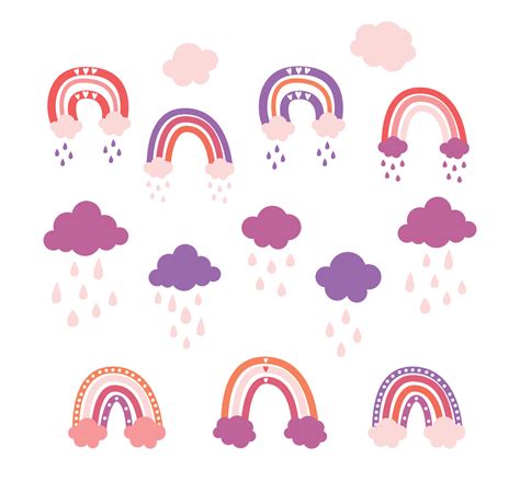 Cute Vector Pastel Rainbow Set With Clouds And Drops And Hearts