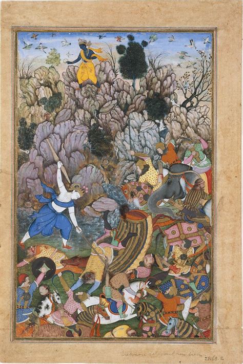 Balarama And Krishna Fighting The Enemy Folio From A Harivamsa The Legend Of Hari Krishna