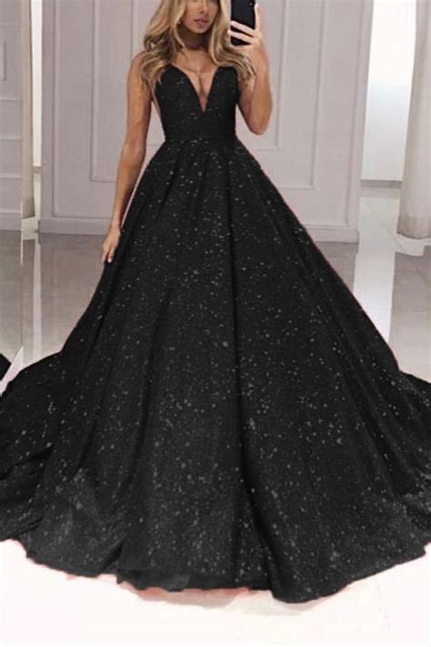 Black Sequin Ball Gown Prom Dresses V Neck Floor Length Quinceanera Dress Prom Dresses Ball