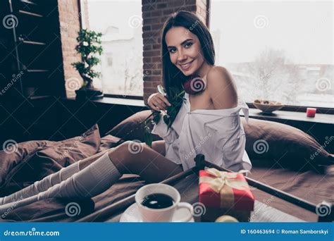 Portrait Of Her She Nice Attractive Charming Lovely Sweet Cheerful Cheery Girl Sitting On Bed
