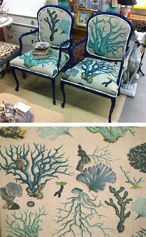 Blue Coral Coastal Fabric Upholstered Chairs Coastal Decor