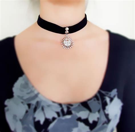 Black Velvet Choker Necklace Sun Pendant Necklace By LaceFancy