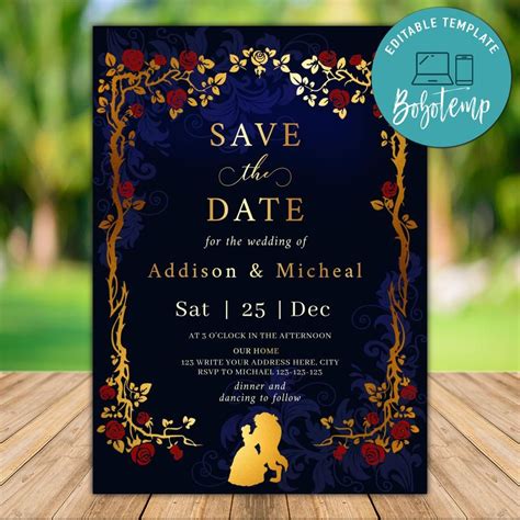 Printable Beauty And The Beast Save The Date Invitation Diy Bobotemp