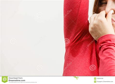 Woman Sweating Very Badly Have Wet Armpit Stock Photo Image Of Stain