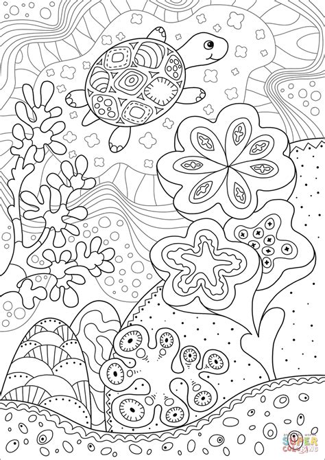 Cute Sea Turtle In Coral Reef Coloring Page Free