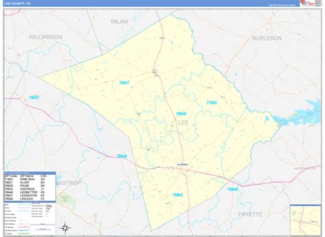 Lee County Tx Zip Code Wall Map Basic Style By Marketmaps Mapsales