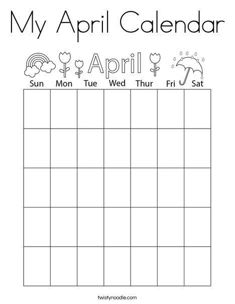 My April Calendar Coloring Page Twisty Noodle A5 Planner Printables