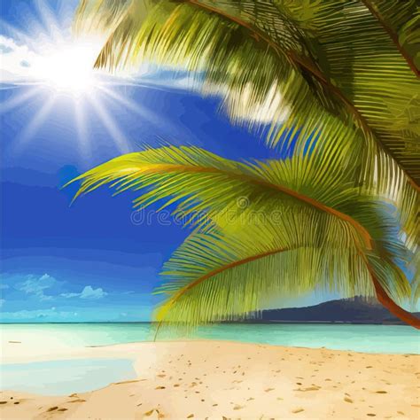 Tropical Paradise Island Sandy Beach Palm Trees And Sea Stock Vector