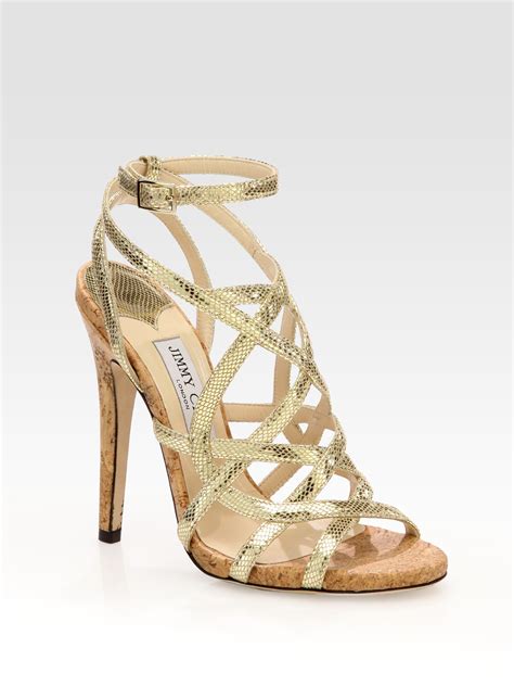 jimmy choo dehlia metallic leather cork heel sandals in metallic lyst