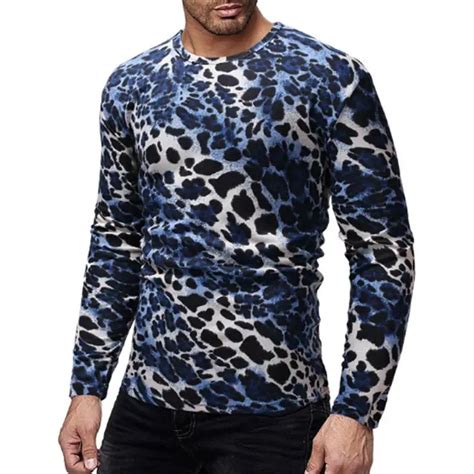 Leopard Print Men T Shirt O Neck Long Sleeve Fashion Casual Male Tee Shirt Spring Streetwear