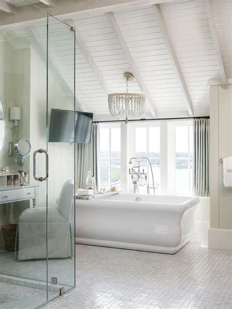 Vaulted ceiling ideas design gallery designing idea. Chic bathroom boasts a vaulted shiplap ceiling lined with ...