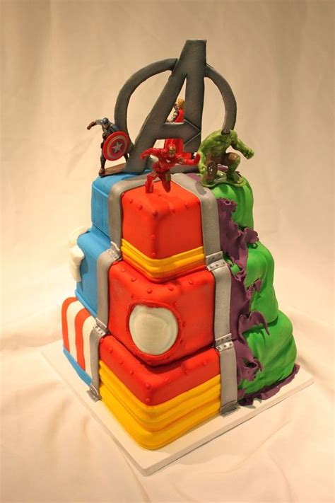 Thor's hammer, captain america's shield, hulk's fist, spiderman's web with spider and iron man's head and hand with light up gauntlet. avengers cake | Avengers birthday cakes, Avenger birthday ...