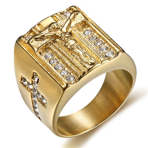 Mimeng Gold Filled Titanium Jesus Cross Ring Classic Religious Ring Men