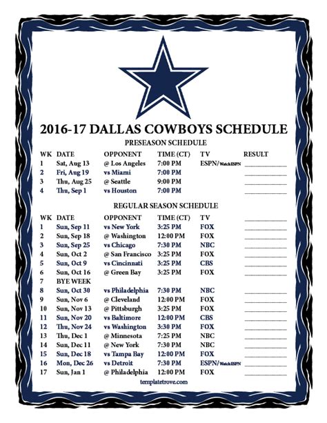Printable 2016 2017 Dallas Cowboys Schedule