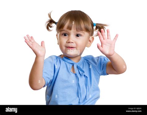 Portrait Of A Happy Child With Hands Up Stock Photo Alamy
