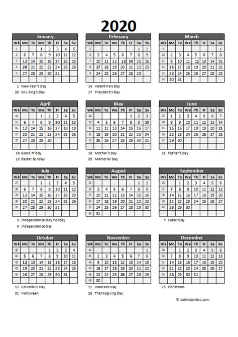 Editable 2020 Yearly Spreadsheet Calendar Free Printable Templates