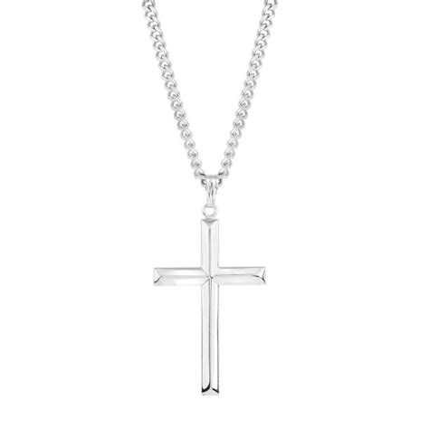 Mens Sterling Silver Beveled Edge Cross Pendant With 24 Inch Chain