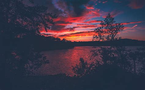 2560x1600 Red Evening Sunset Lake View From Forest Woods 2560x1600 Hd