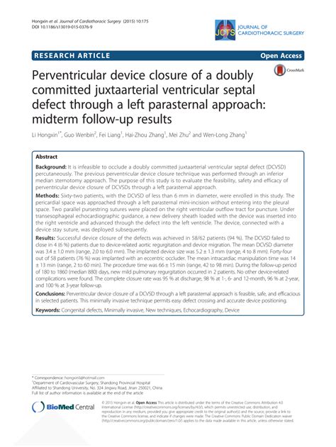 Pdf Perventricular Device Closure Of A Doubly Committed Juxtaarterial
