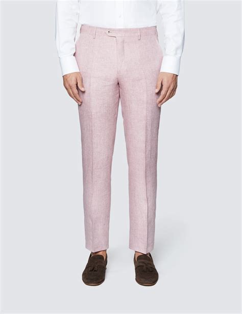 Mens Pink Herringbone Linen Tailored Fit Italian Suit Pants 1913