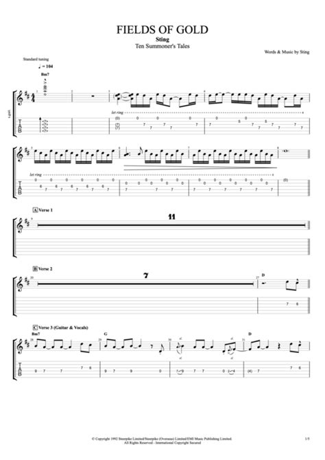Fields Of Gold By Sting Full Score Guitar Pro Tab