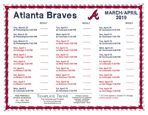 Mlb standings, news, tv listings, playoff picture, & more! Printable 2019 Atlanta Braves Schedule