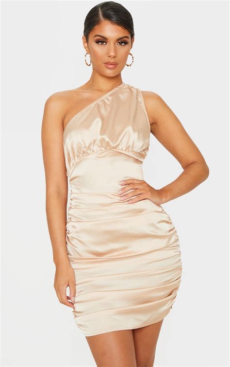 Champagne Satin One Shoulder Ruched Bodycon Dress Prettylittlething