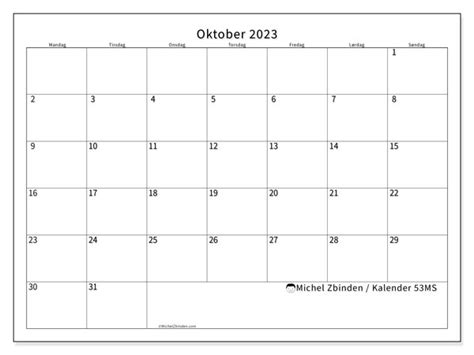 Kalender Oktober 2023 Til Print “53ms” Michel Zbinden Da