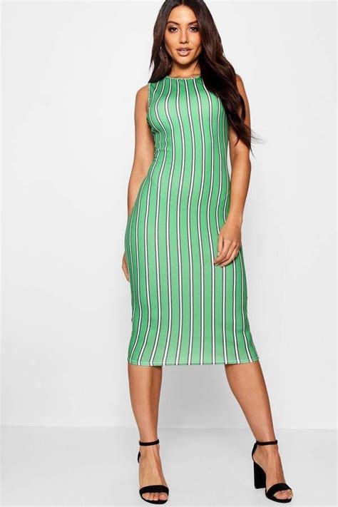 Boohoo Green Stripe Round Neck Midi Dress Dresses Midi Dress Evening Dresses