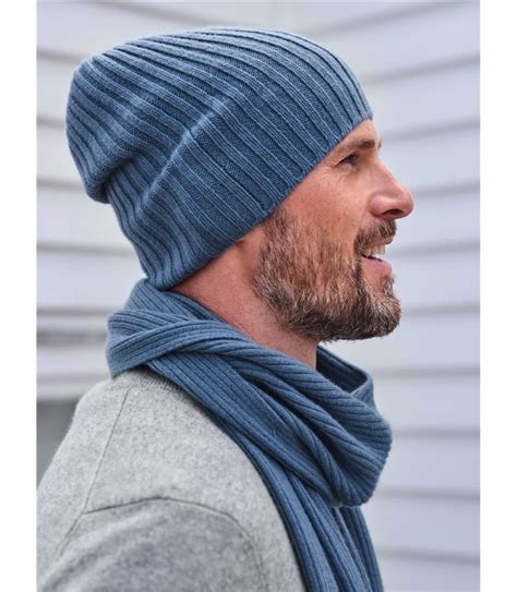 French Blue Mens Pure Cashmere Ribbed Hat Woolovers Uk