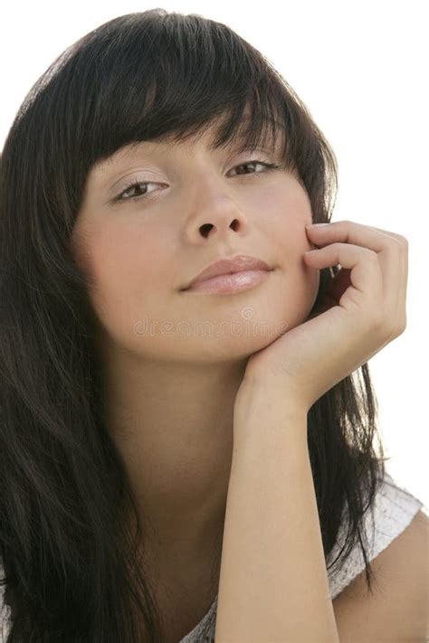 Beautiful Caucasian Young Female Model With Long Dark Hair Resting Chin